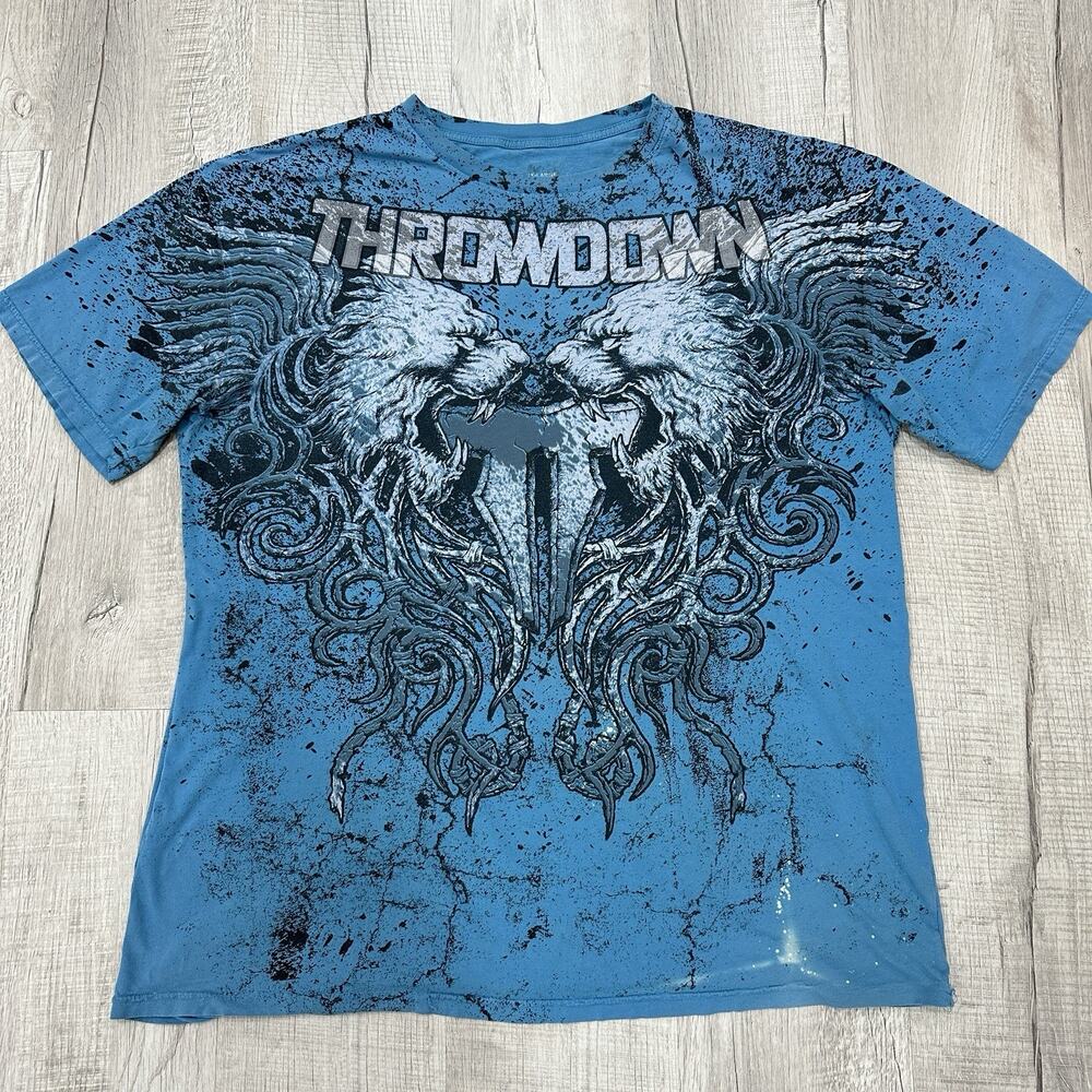 Affliction Throwdown T-Shirt Mens XXL Blue Grunge AOP Skull Goth Y2K Streetwear
